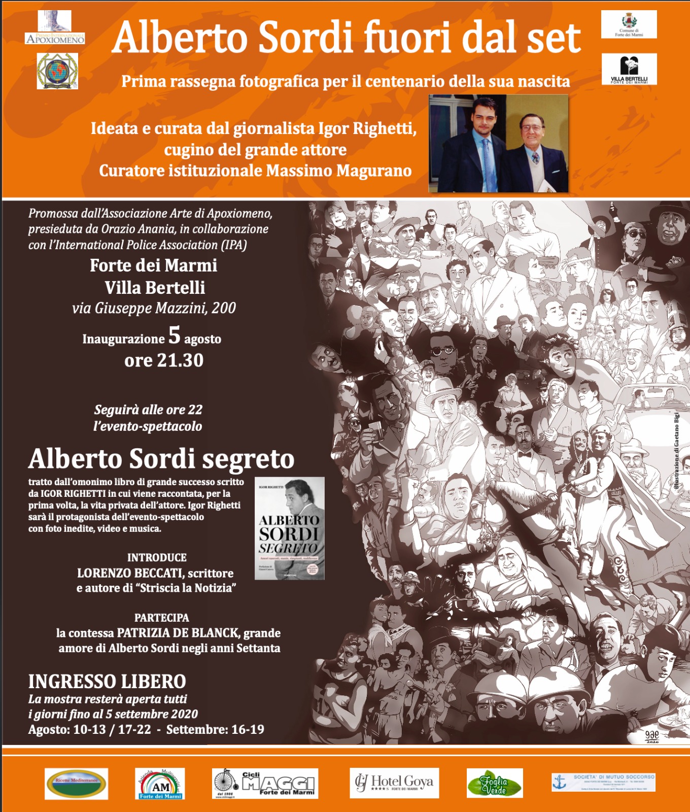 Il manifesto della mostra e dello spettacolo dedicati ad Alberto Sordi. L’illustrazione è di Gaetano Bigi