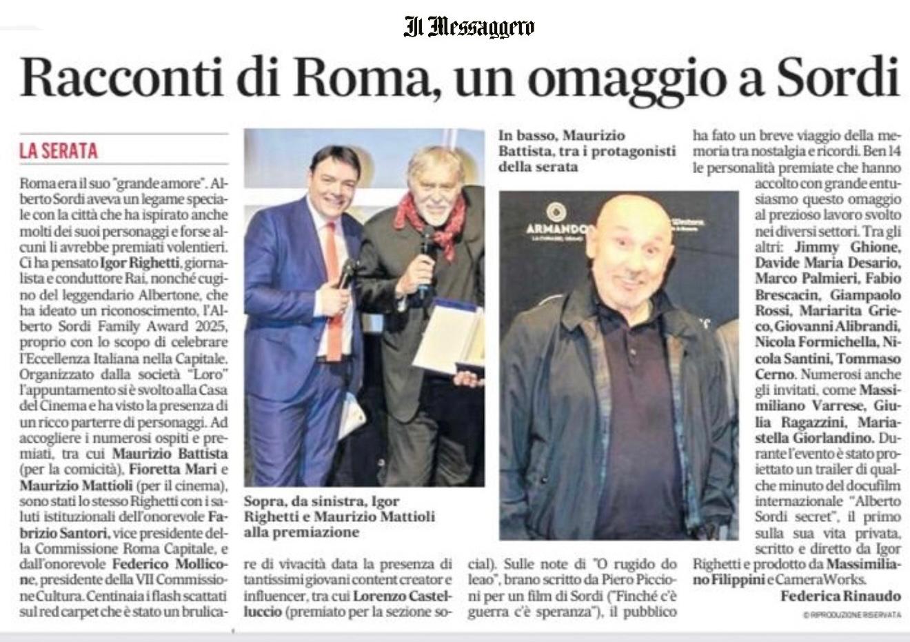 Il Messaggero — Alberto Sordi Family Award 2025
