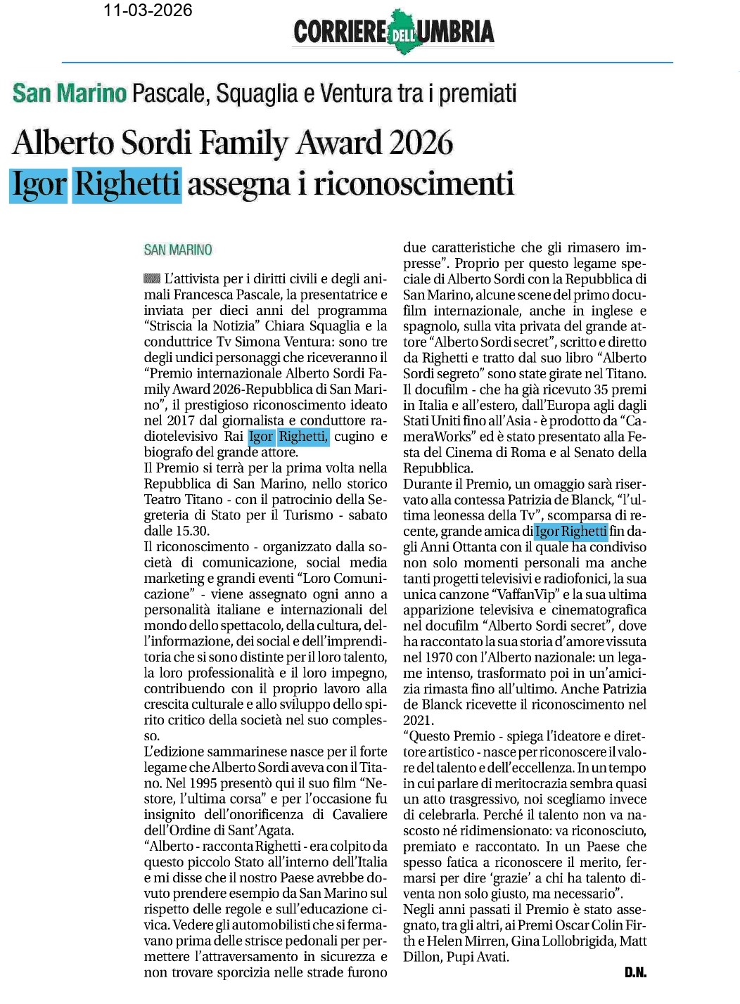 Corriere dell'Umbria — 11/03/2026 · pag. 1 di 2