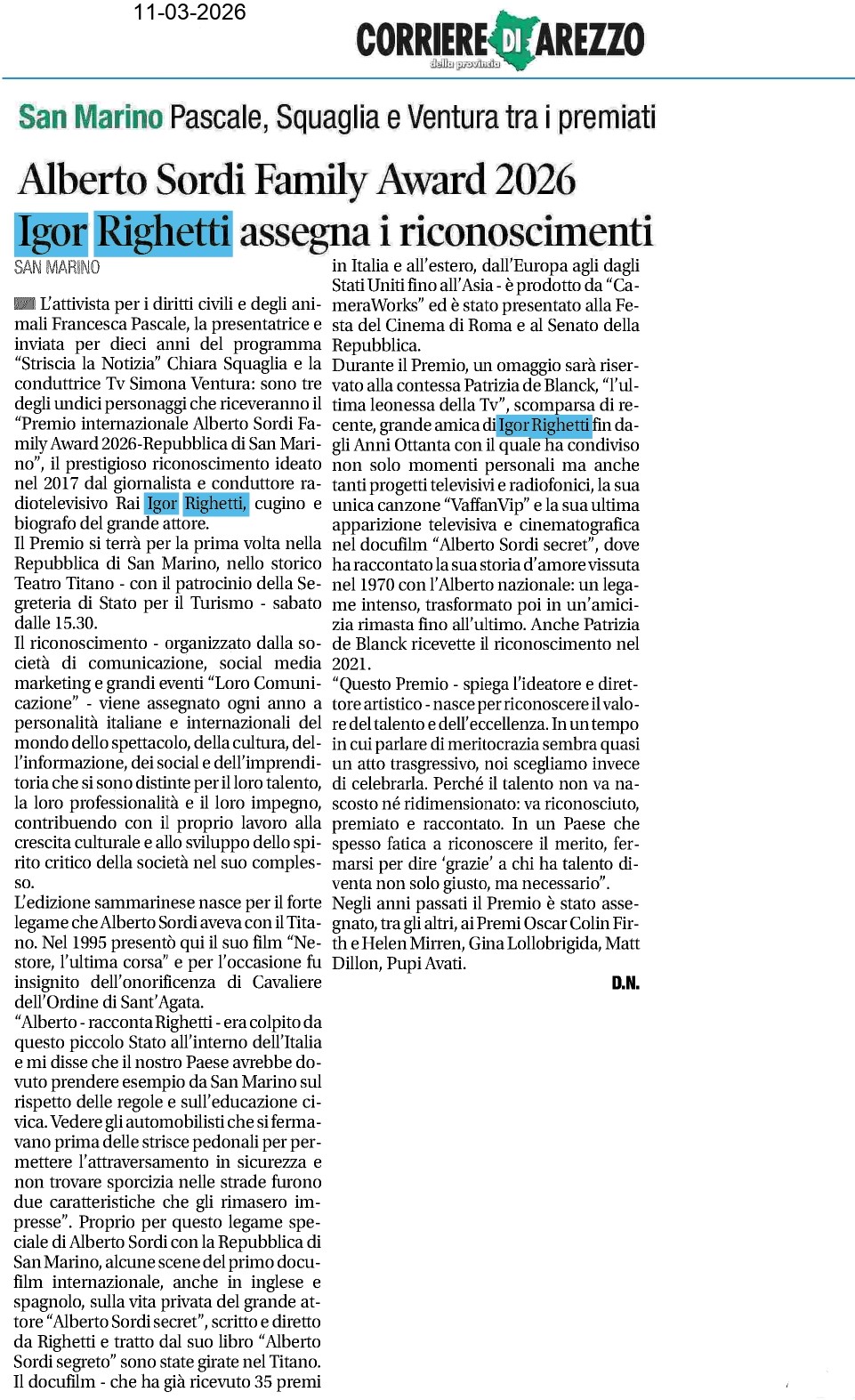 Corriere di Arezzo — 11/03/2026 · pag. 1 di 2