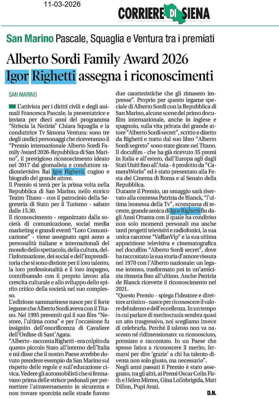 Corriere di Siena — 11/03/2026 · pag. 1 di 2